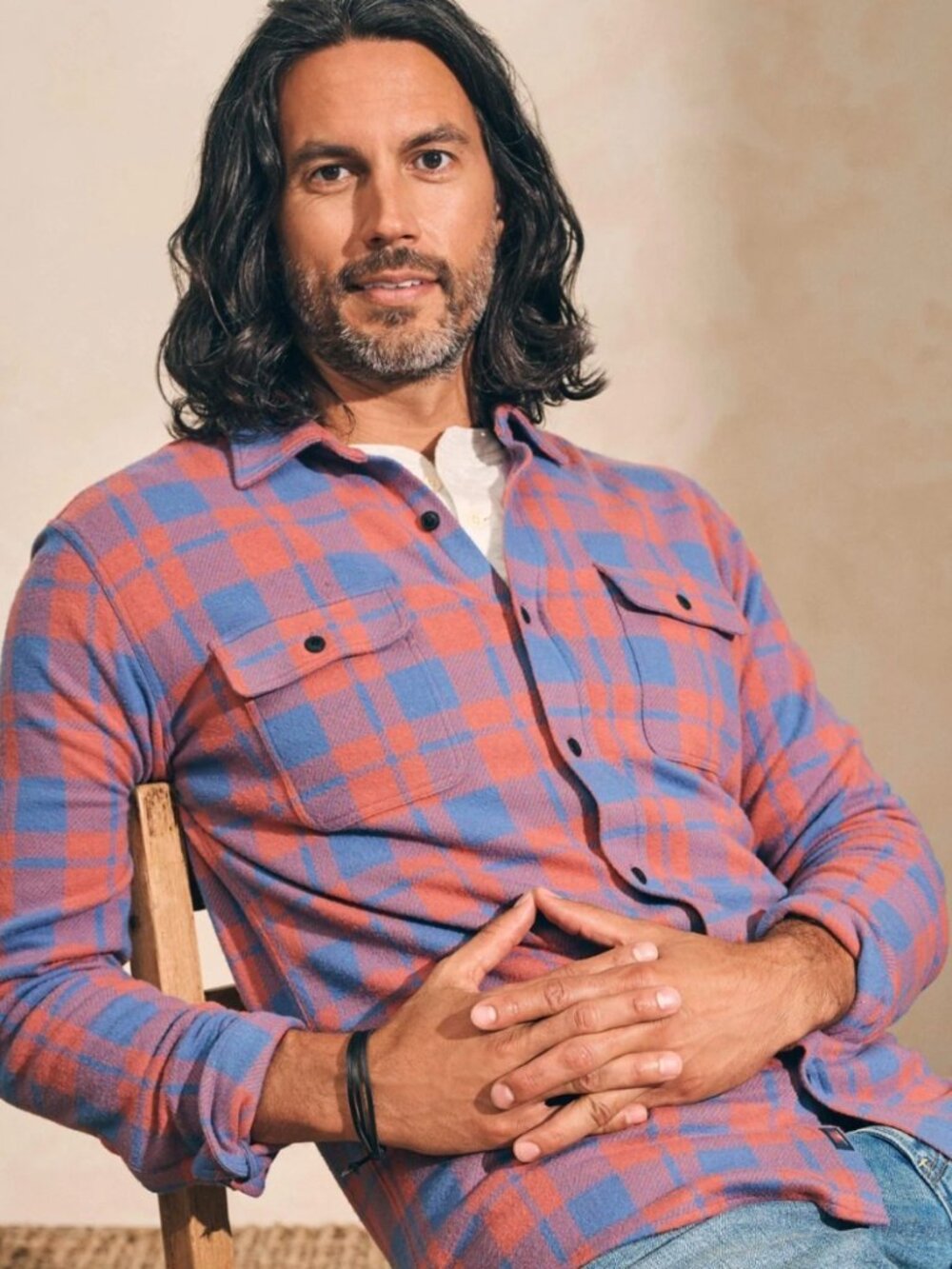 Faherty Legend Sweater Shirt Double Pocket Mens Button up Rose Blue Check medium
